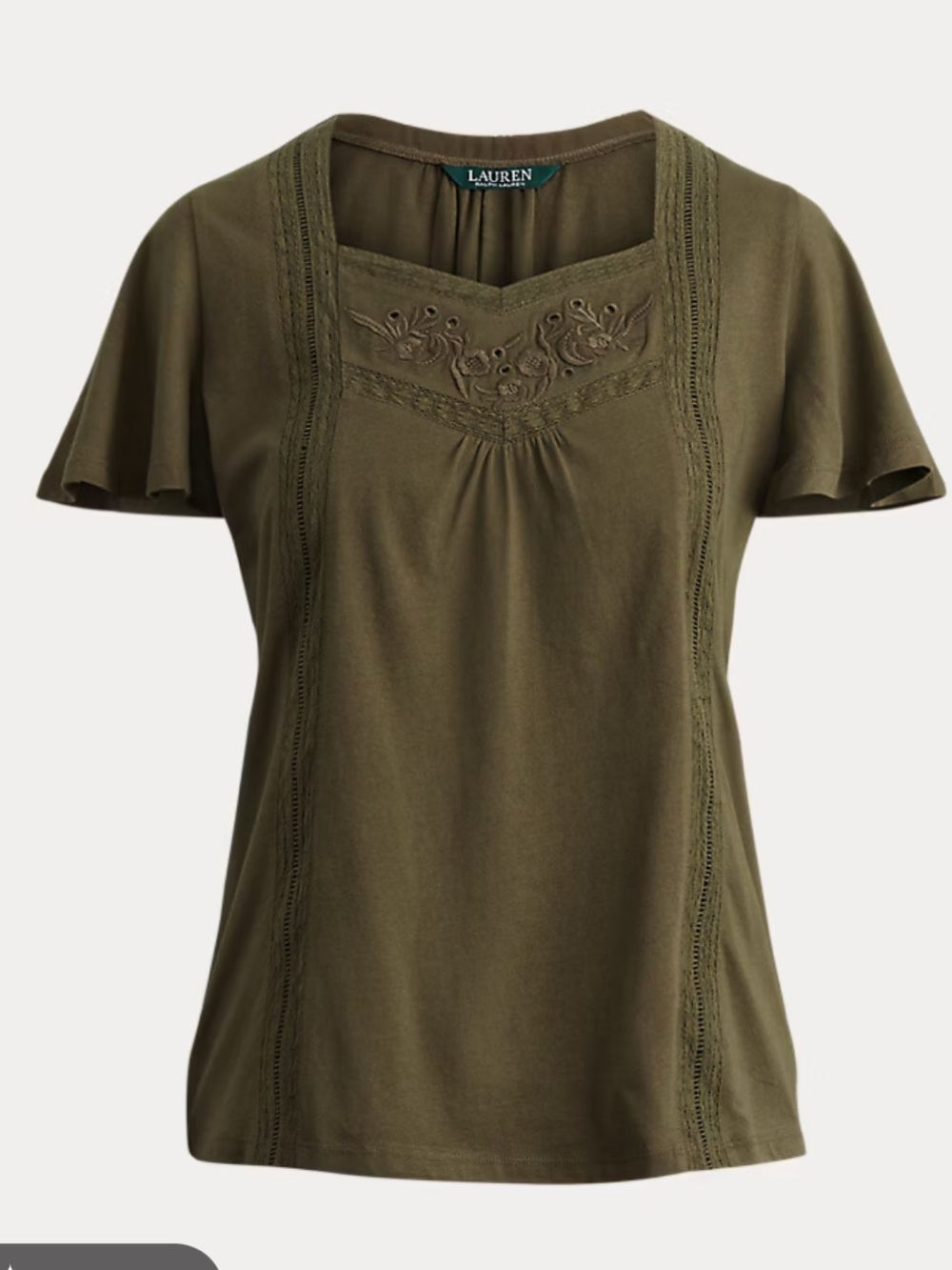 Lauren Ralph Lauren Olive Embroidered Flutter-Sleeve Jersey Top